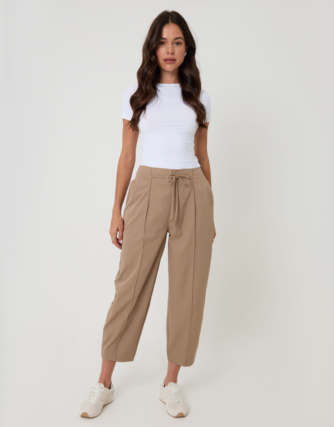 Threadbare Princess Seam Barrel Leg Trousers in Mink Brown - full body
