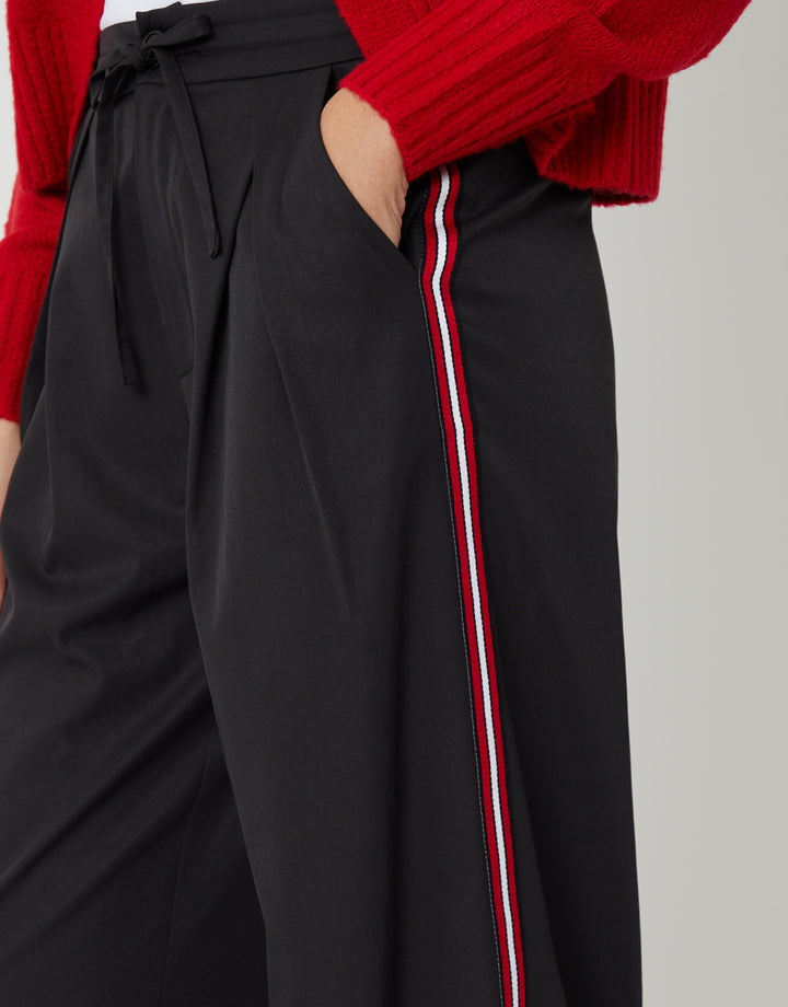 Black Pleated Side Stripe Wide Leg Trousers