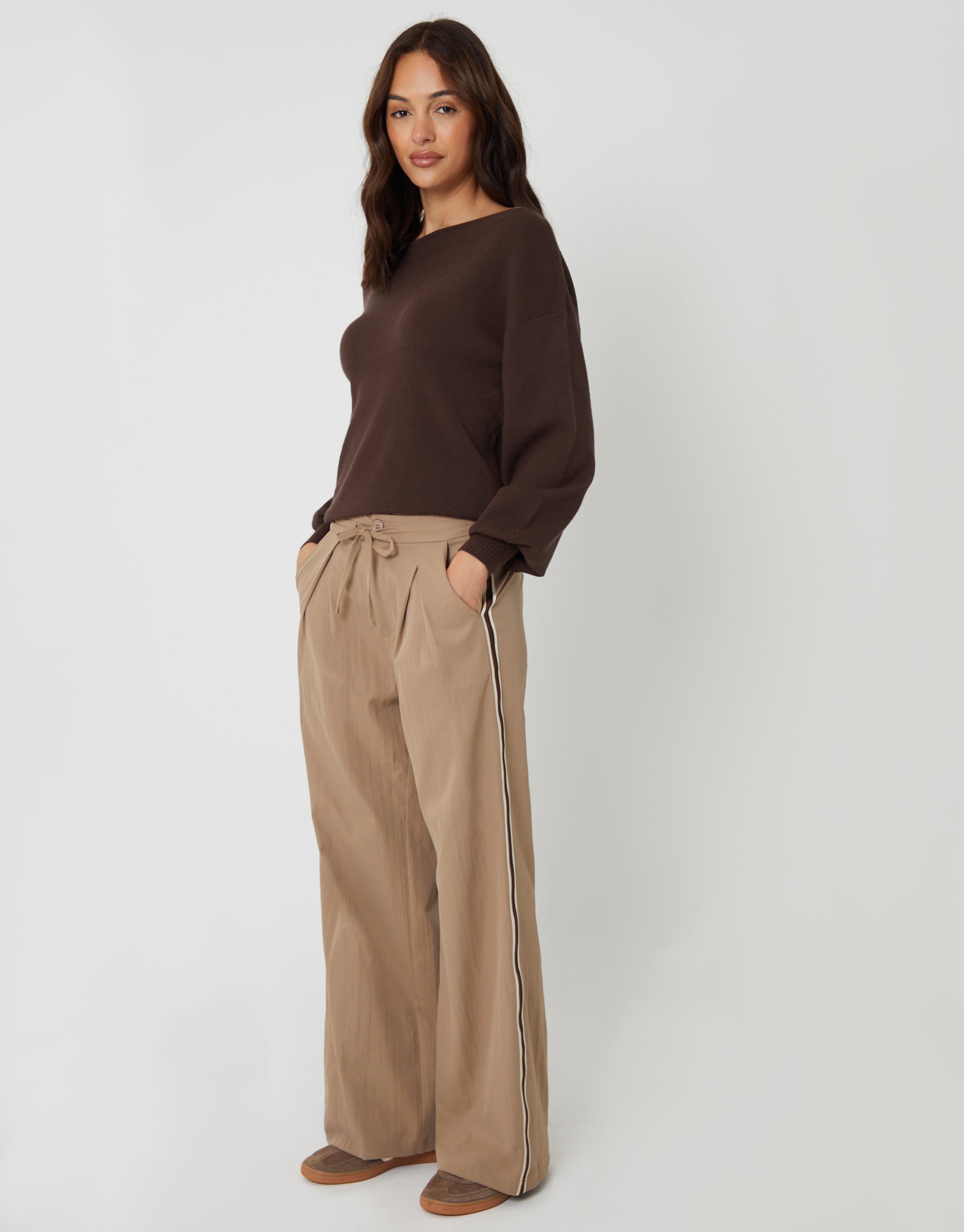 Wide Leg Pleated Side Stripe Trousers in Brown