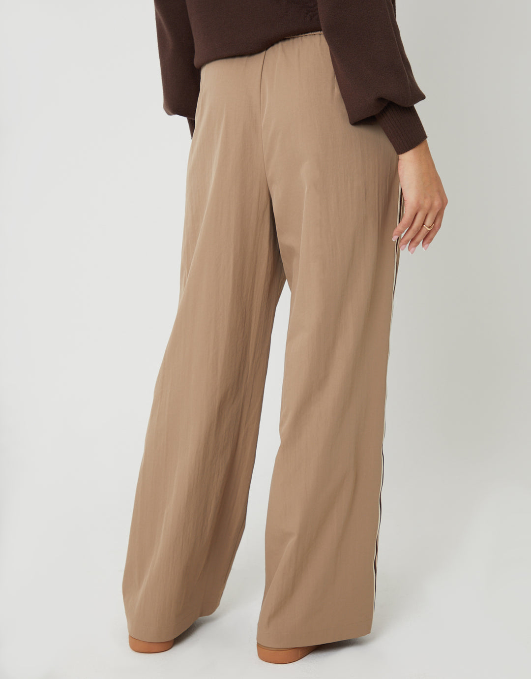 Brown Pleated Side Stripe Wide Leg Trousers