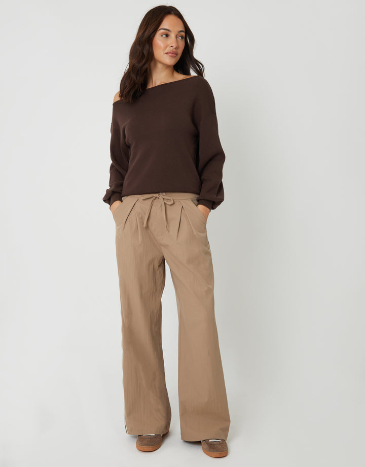 Brown Pleated Side Stripe Wide Leg Trousers