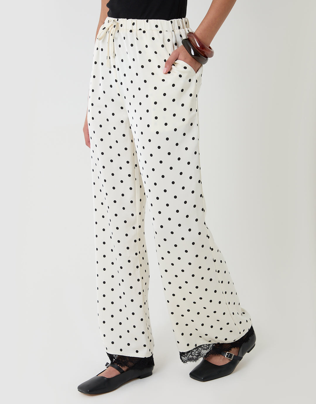 Threadbare Satin Lace Trim Wide Leg Trousers in Mono Polka Dot - front view