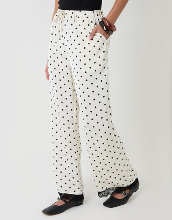Threadbare Satin Lace Trim Wide Leg Trousers in Mono Polka Dot - front view