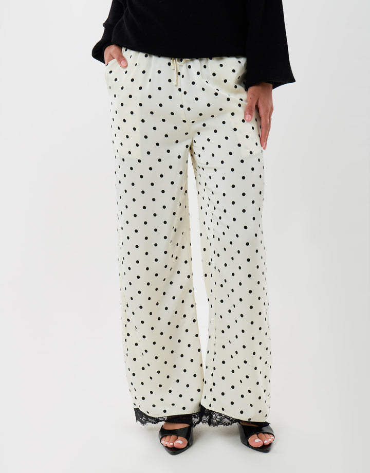 Threadbare Wide Leg Satin Lace Trim Trousers in Cream Polka Dot - front view