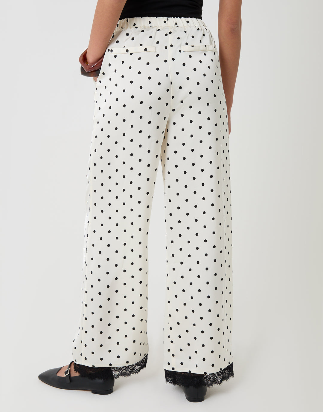 Threadbare Satin Lace Trim Wide Leg Trousers in Mono Polka Dot - back view
