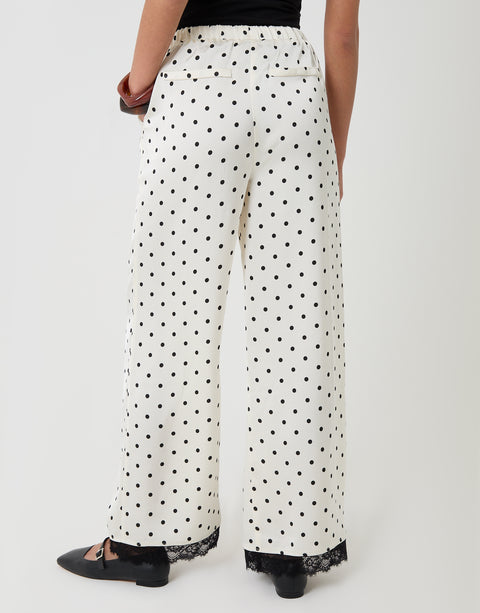 Threadbare Satin Lace Trim Wide Leg Trousers in Mono Polka Dot - back view