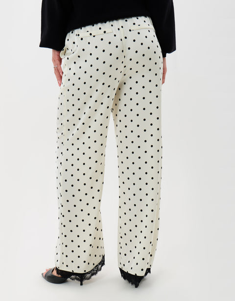 Threadbare Wide Leg Satin Lace Trim Trousers in Cream Polka Dot - back view
