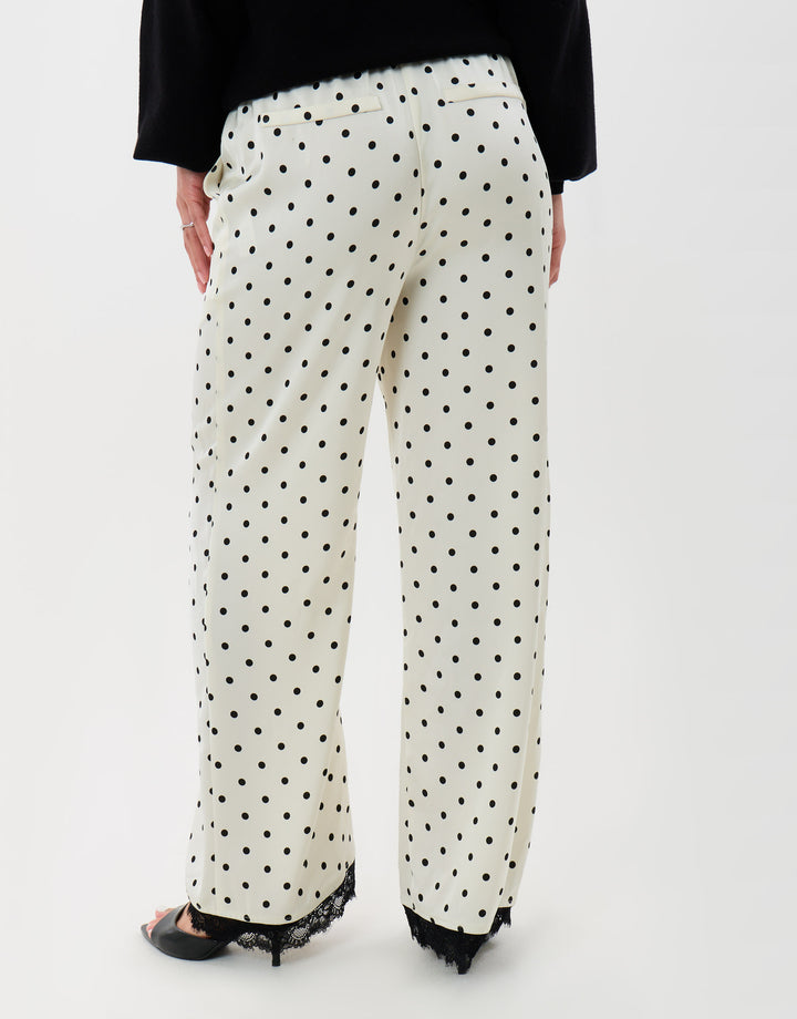 Threadbare Wide Leg Satin Lace Trim Trousers in Cream Polka Dot - back view