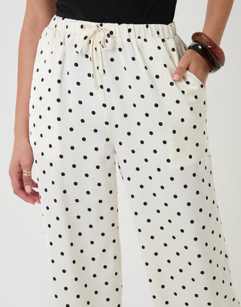 Threadbare Satin Lace Trim Wide Leg Trousers in Mono Polka Dot - close up