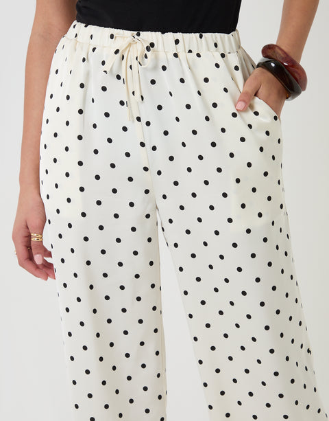 Threadbare Satin Lace Trim Wide Leg Trousers in Mono Polka Dot - close up
