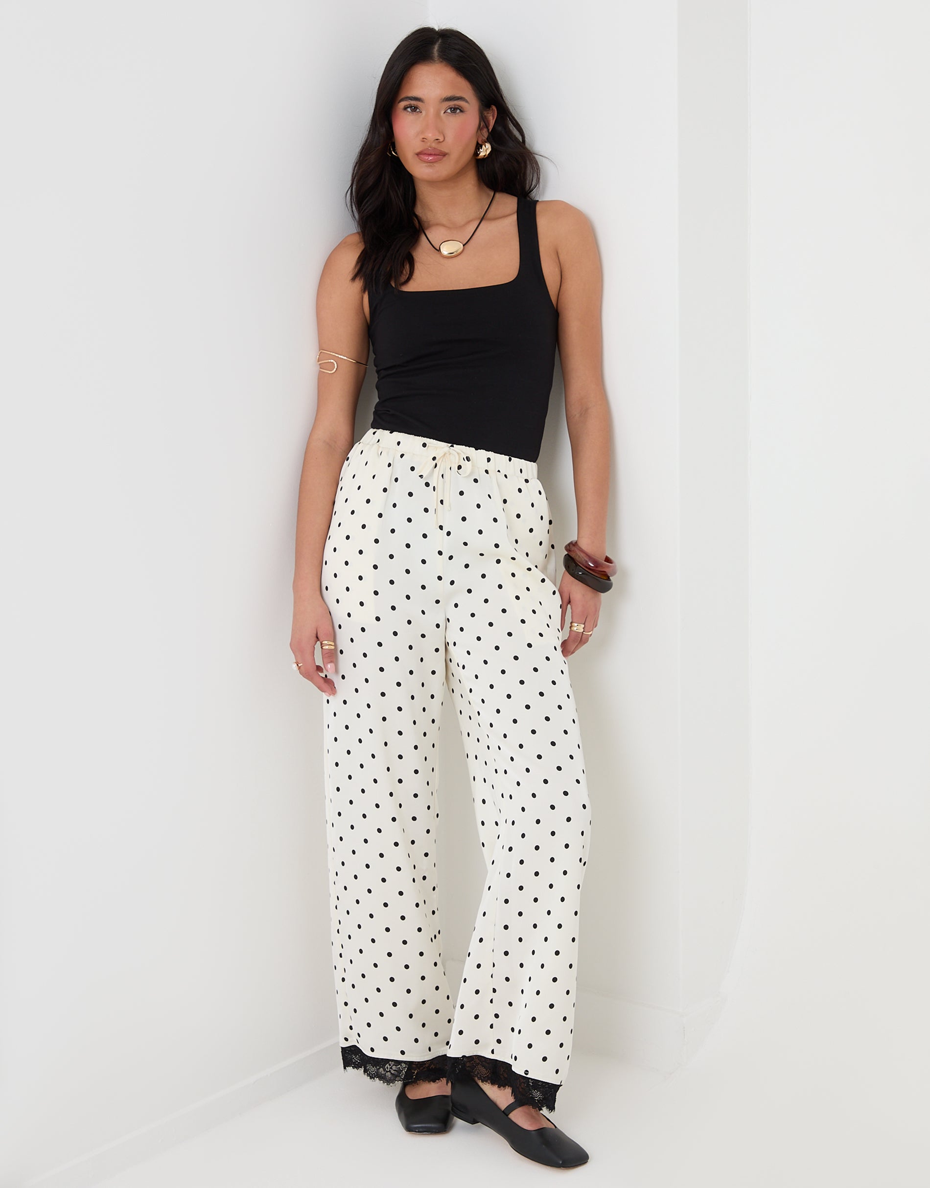 Wide Leg Satin Lace Trim Trousers in Mono Polka Dot