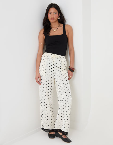 Threadbare Satin Lace Trim Wide Leg Trousers in Mono Polka Dot - full body