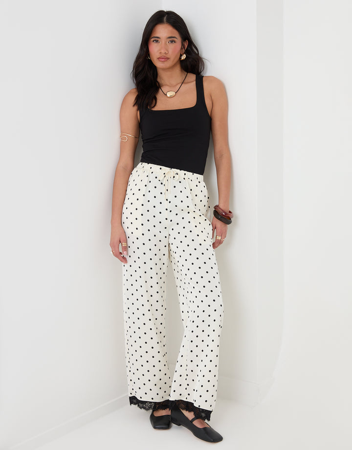 Threadbare Satin Lace Trim Wide Leg Trousers in Mono Polka Dot - full body