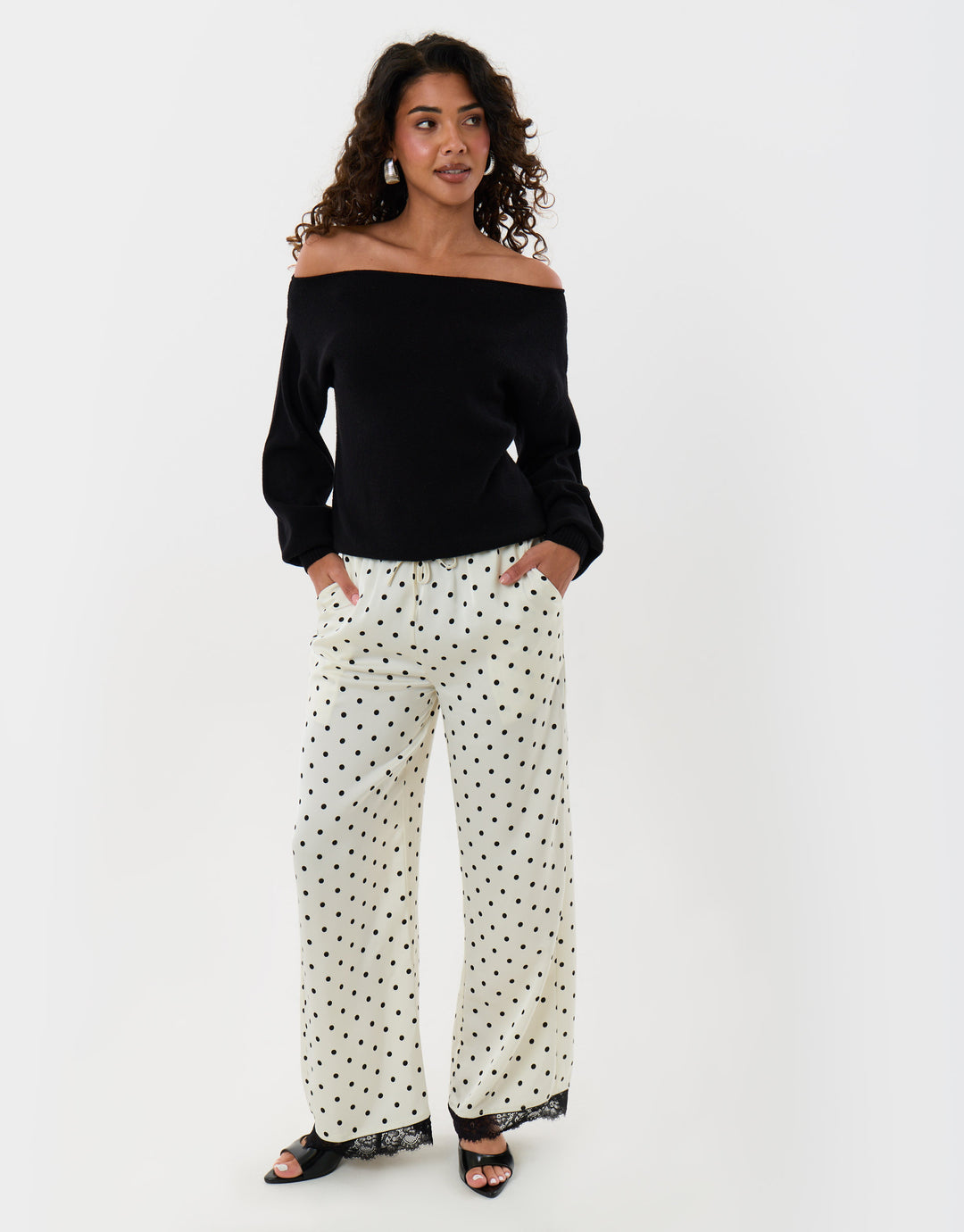 Threadbare Wide Leg Satin Lace Trim Trousers in Cream Polka Dot - full body