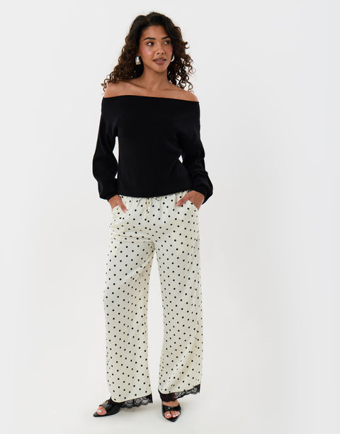 Threadbare Wide Leg Satin Lace Trim Trousers in Cream Polka Dot - full body