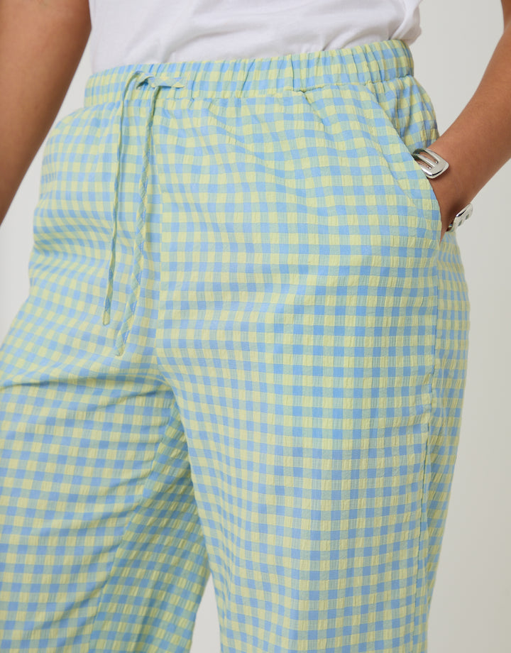 Blue & Yellow Gingham Wide Leg Trousers with Pockets