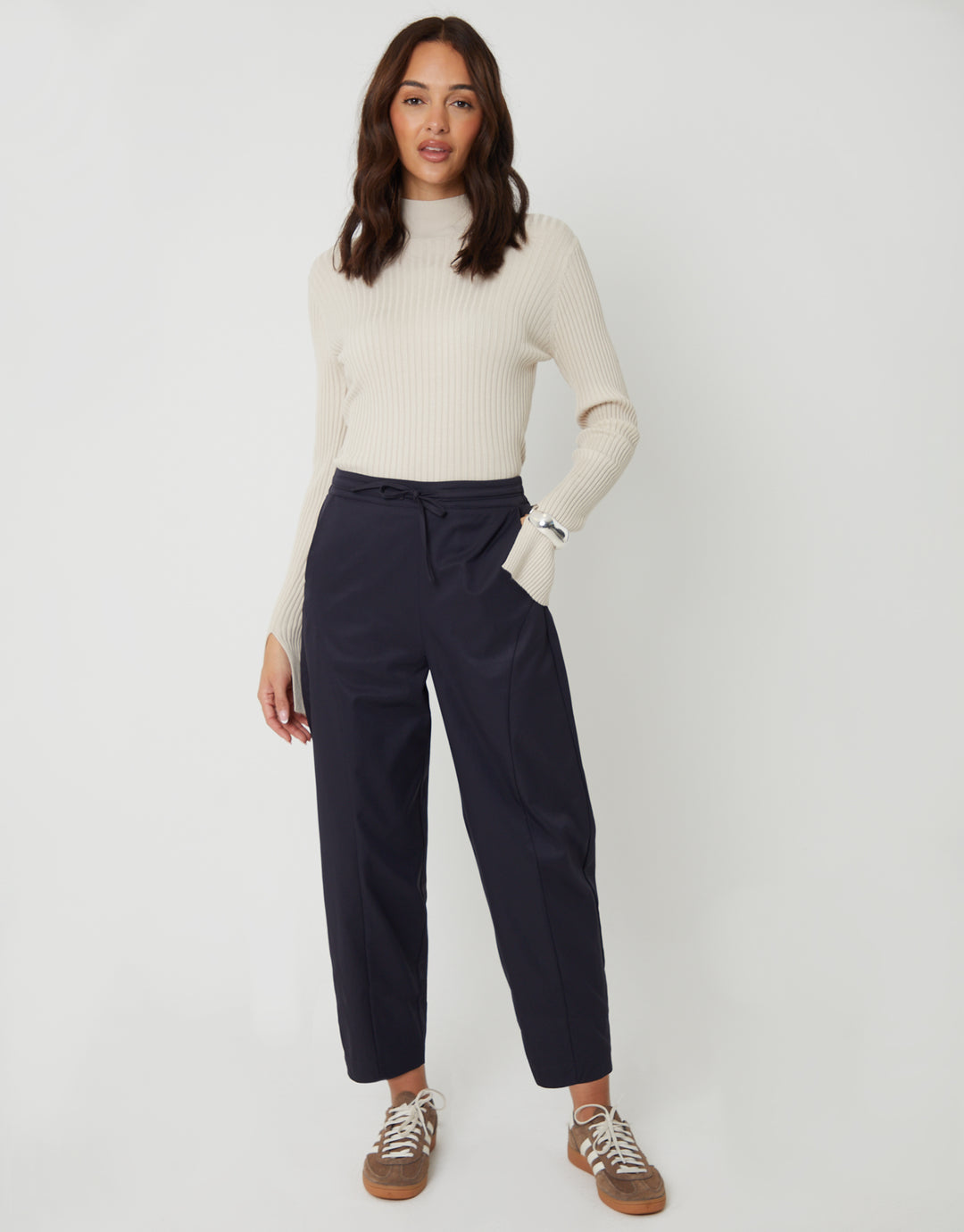 Navy Curved Seam Barrel Leg Trousers