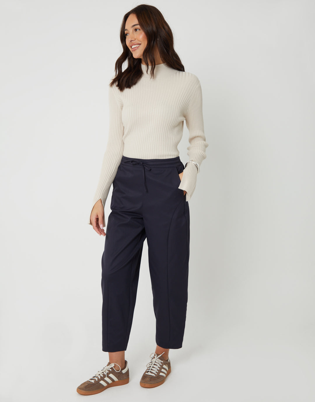 Navy Curved Seam Barrel Leg Trousers