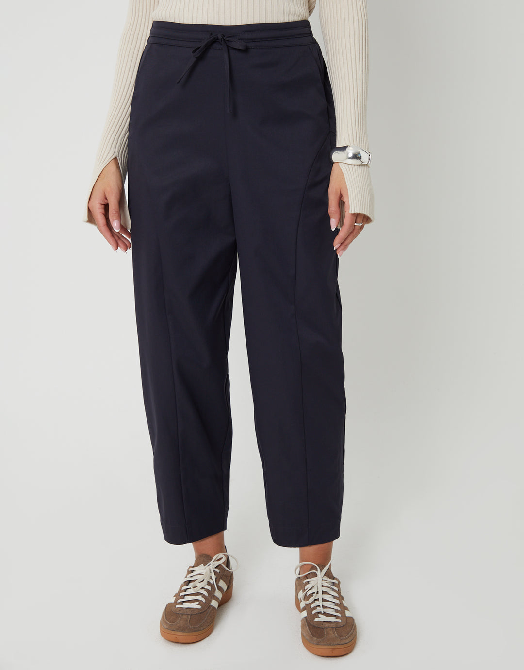 Navy Curved Seam Barrel Leg Trousers
