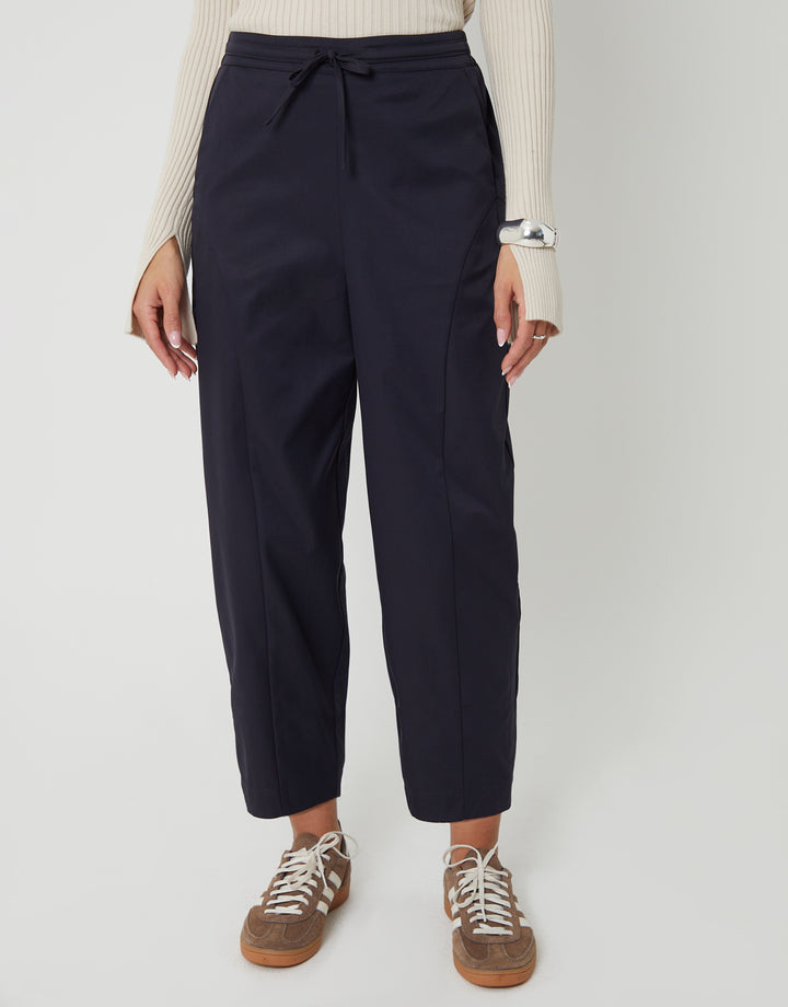 Navy Curved Seam Barrel Leg Trousers