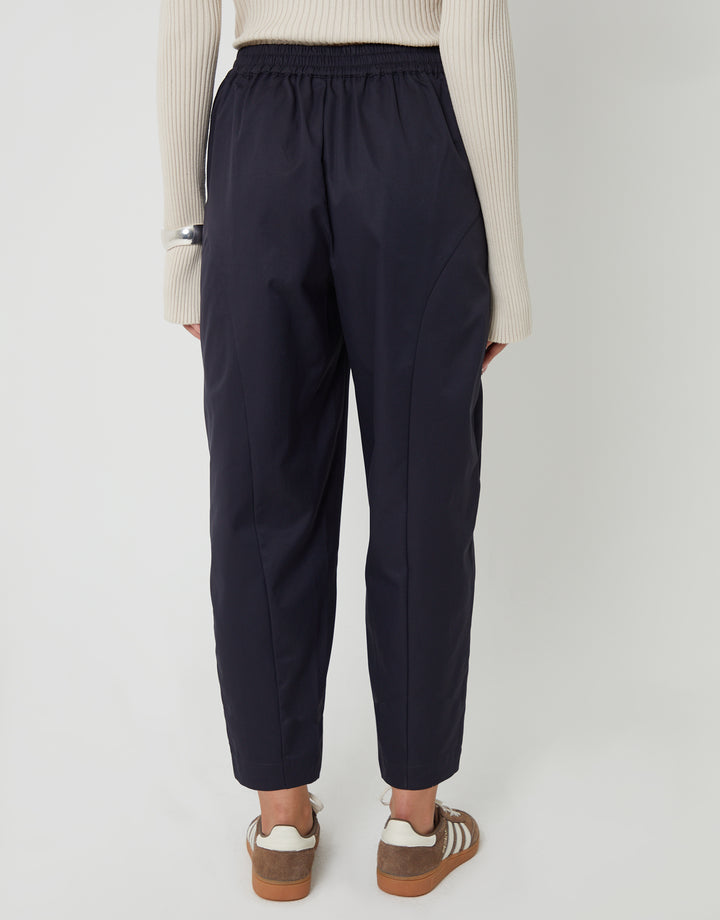 Navy Curved Seam Barrel Leg Trousers