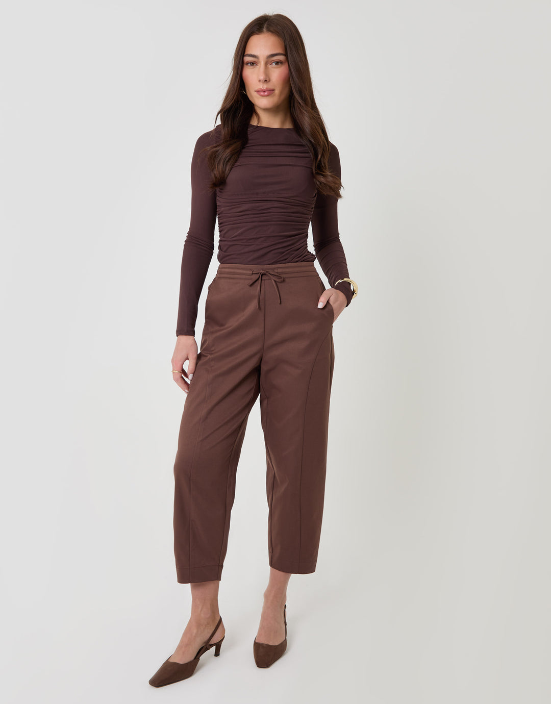 Threadbare Curved Seam Barrel Leg Trousers in Brown - full body