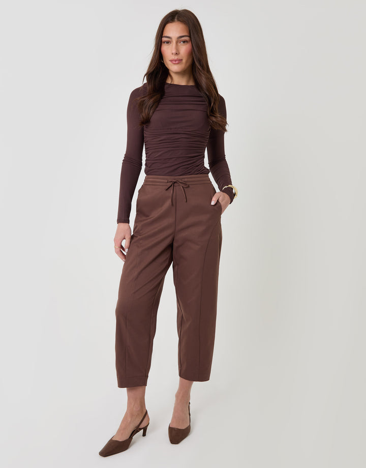 Threadbare Curved Seam Barrel Leg Trousers in Brown - full body