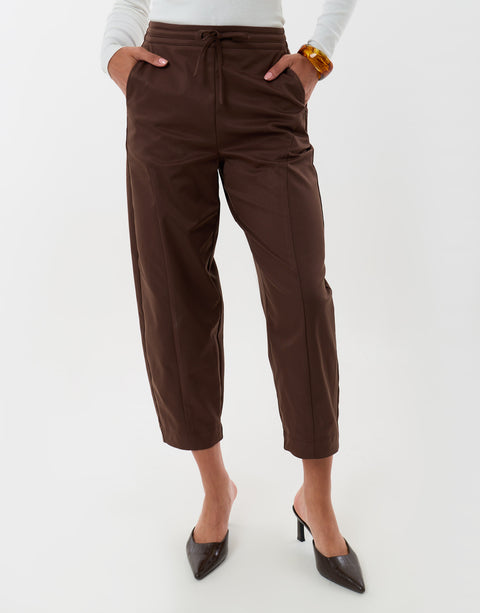 Threadbare Petite Curved Seam Barrel Leg Trousers in Brown - front view