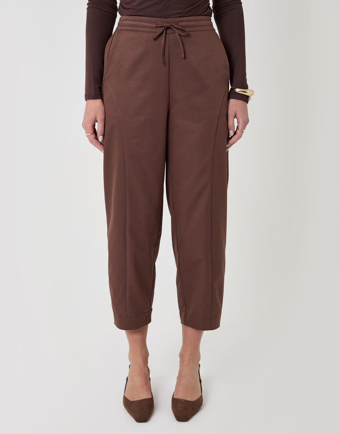 Threadbare Curved Seam Barrel Leg Trousers in Brown - front view