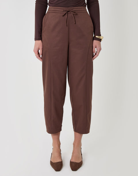Threadbare Curved Seam Barrel Leg Trousers in Brown - front view