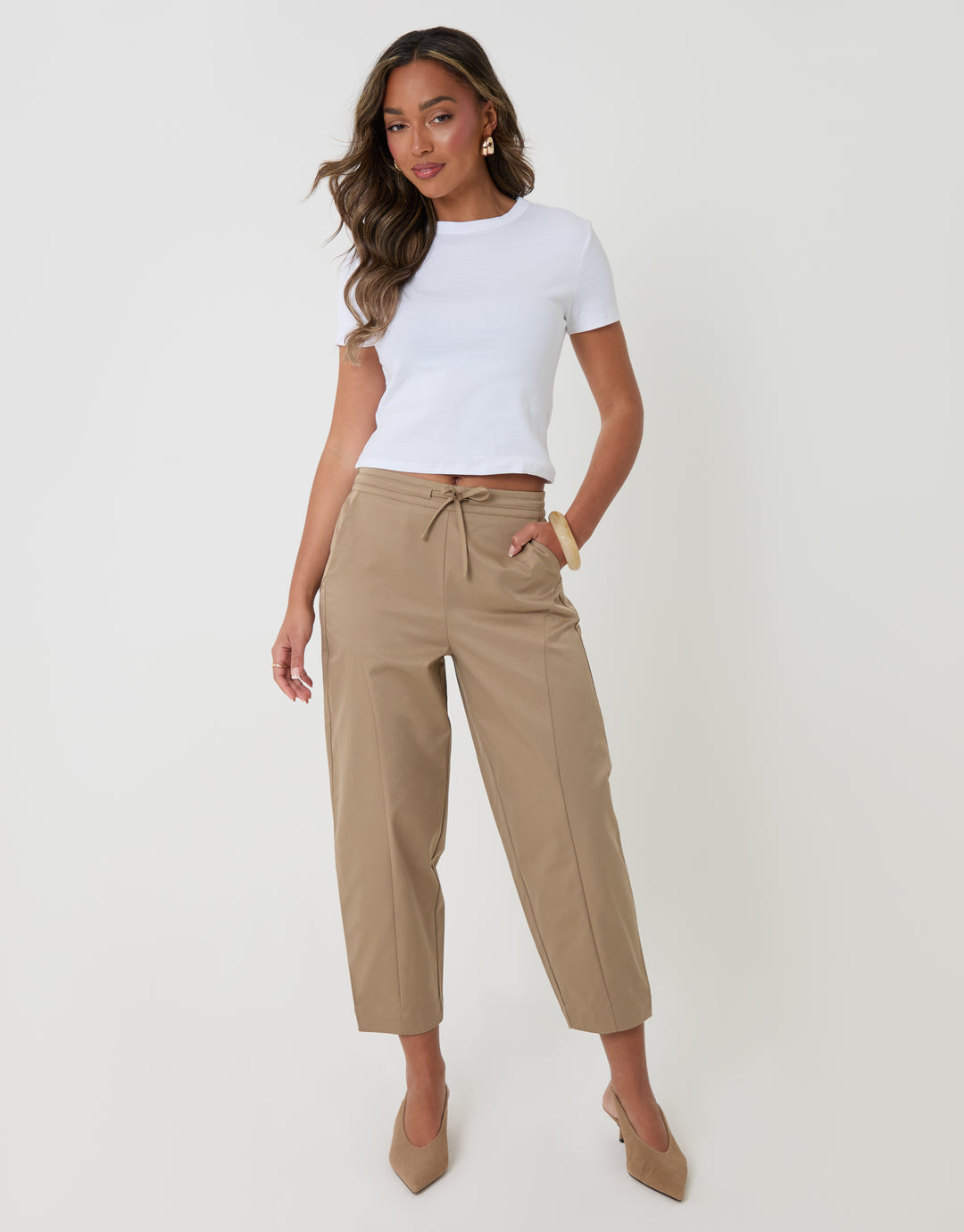 Petite Curved Seam Barrel Leg Trousers in Mocha Brown