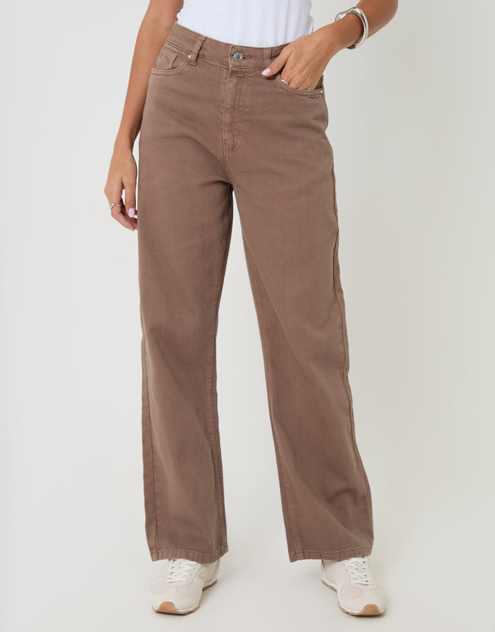 Threadbare Petite Straight Leg Jeans in Mocha Brown - front view