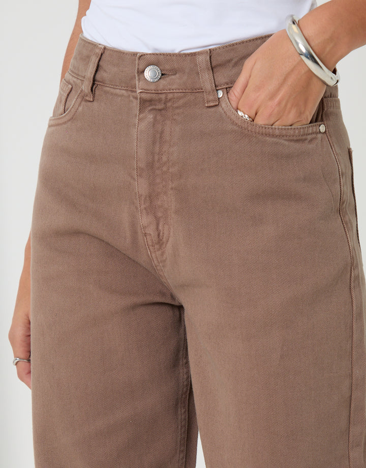 Threadbare Petite Straight Leg Jeans in Mocha Brown - pockets close up