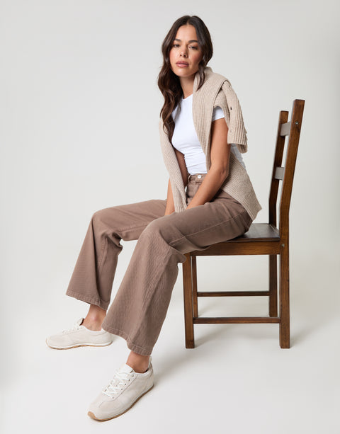 Threadbare Straight Leg Jeans in Mocha Brown - seated