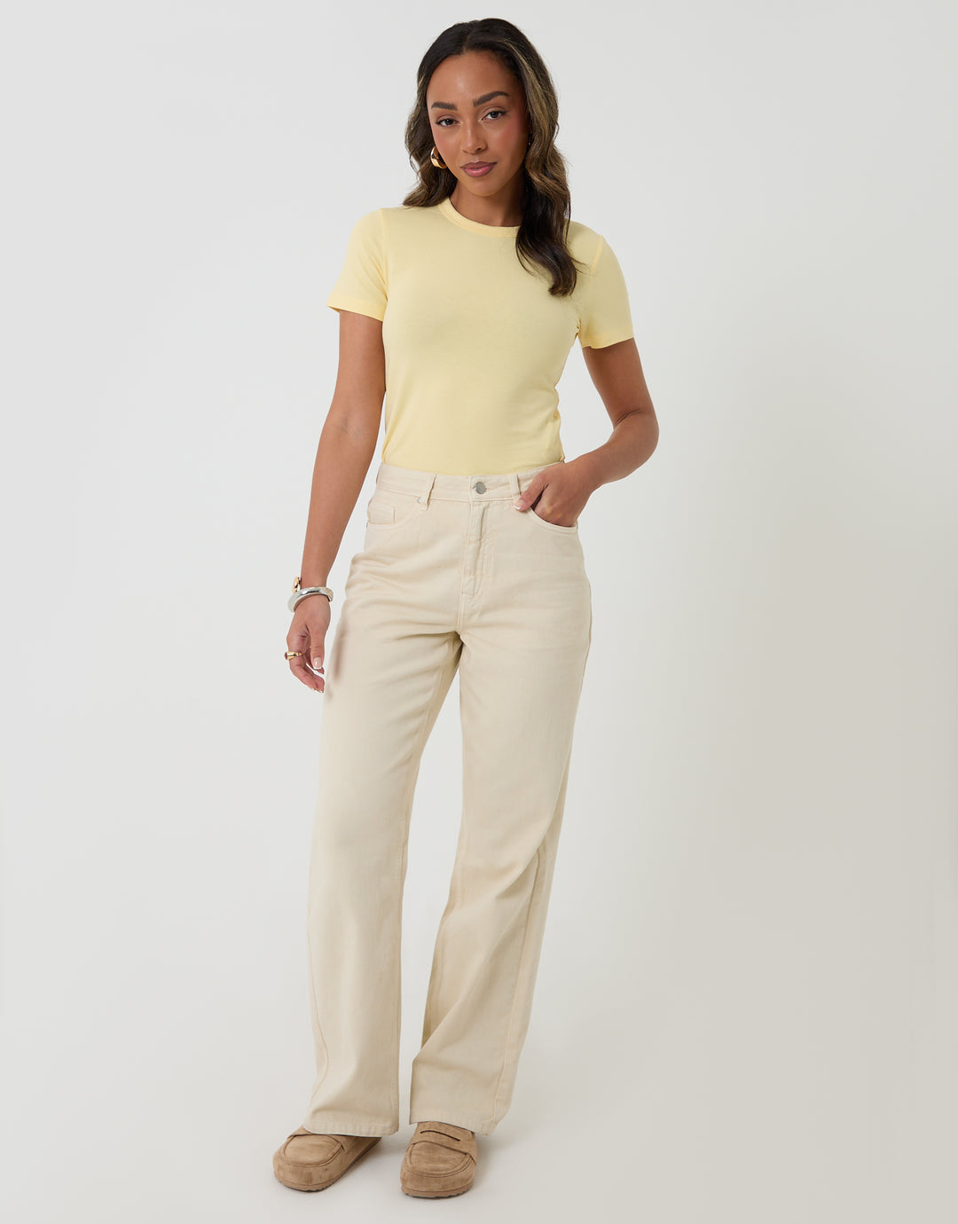 Threadbare Straight Leg Jeans in Ecru - full body