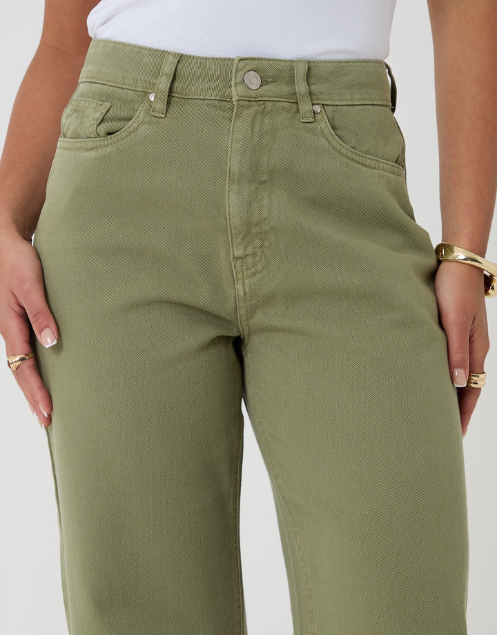 Threadbare Straight Leg Jeans in Sage Green - front view close up