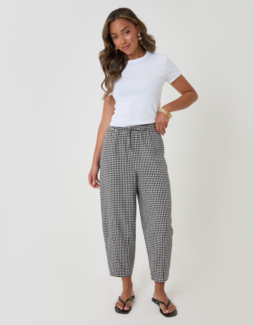Threadbare High Waisted Barrel Leg Trousers in Mono Gingham - full body