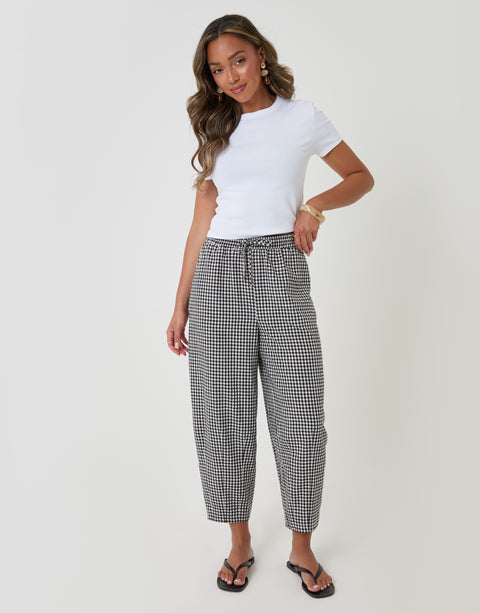 Threadbare High Waisted Barrel Leg Trousers in Mono Gingham - full body