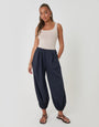 Threadbare Ladies Velvetine Balloon Button Trouser in Navy - full body