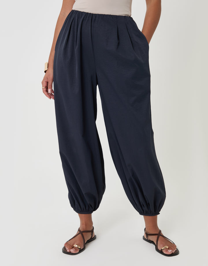 Threadbare Ladies Velvetine Balloon Button Trouser in Navy - front view