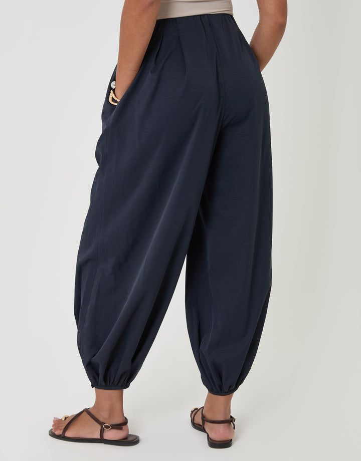 Threadbare Ladies Velvetine Balloon Button Trouser in Navy - back view