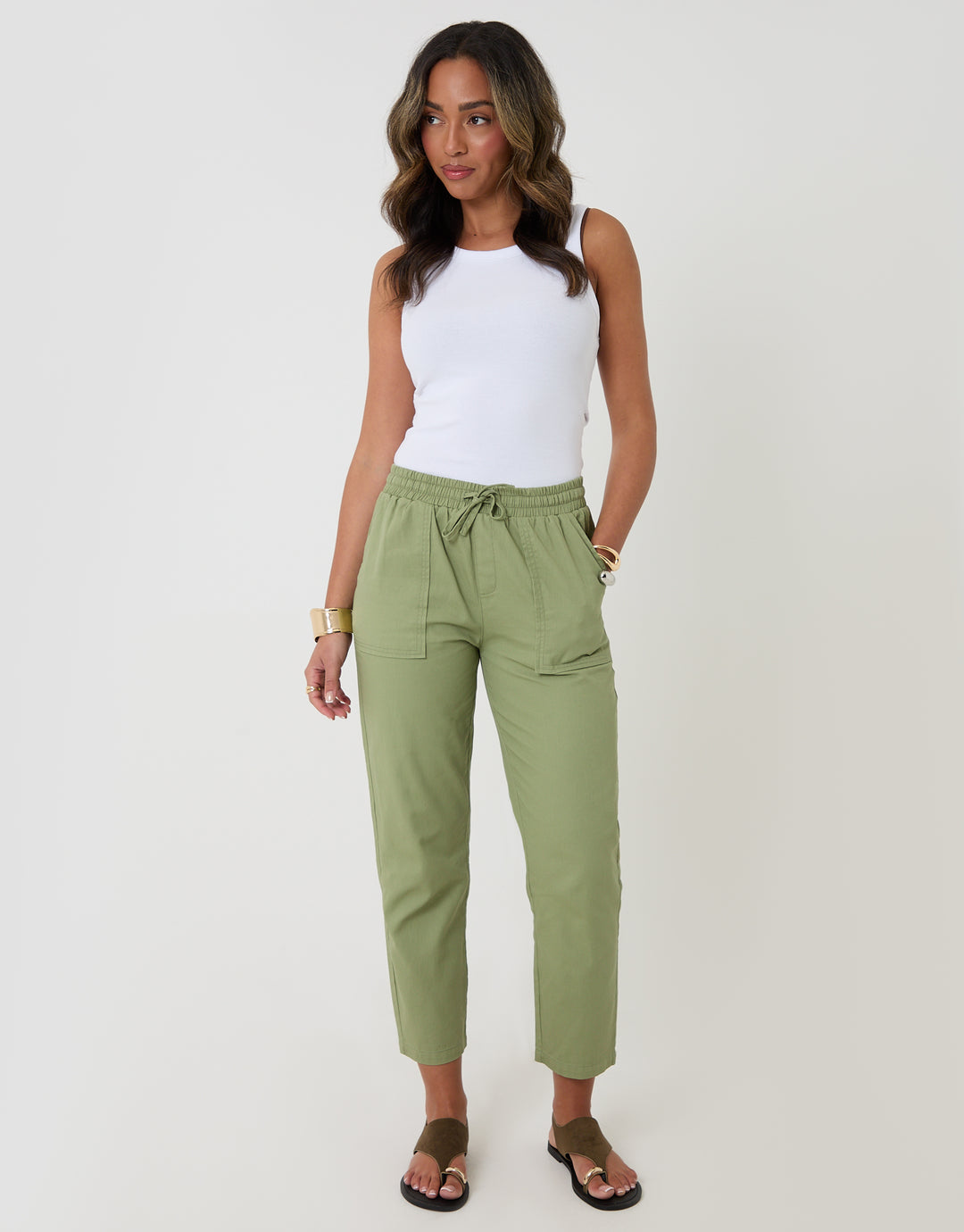 Threadbare Drawstring Waist Barrel Leg Jeans in Sage Green - full body