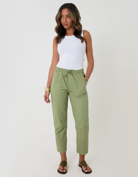 Threadbare Drawstring Waist Barrel Leg Jeans in Sage Green - full body
