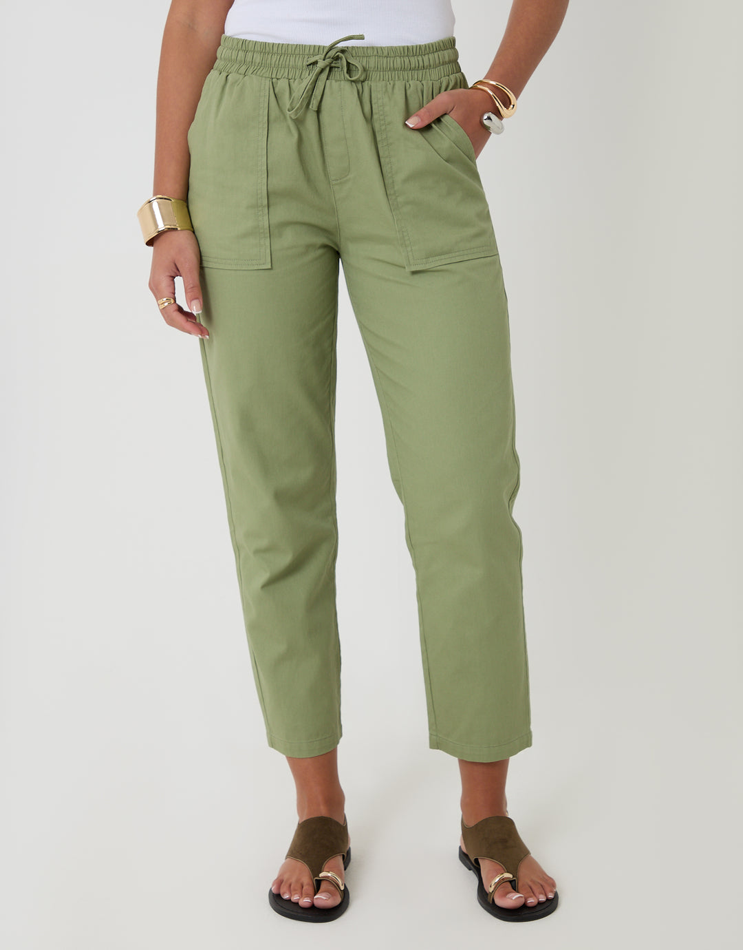 Threadbare Drawstring Waist Barrel Leg Jeans in Sage Green - front view