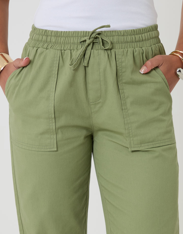 Threadbare Drawstring Waist Barrel Leg Jeans in Sage Green - waistband close up