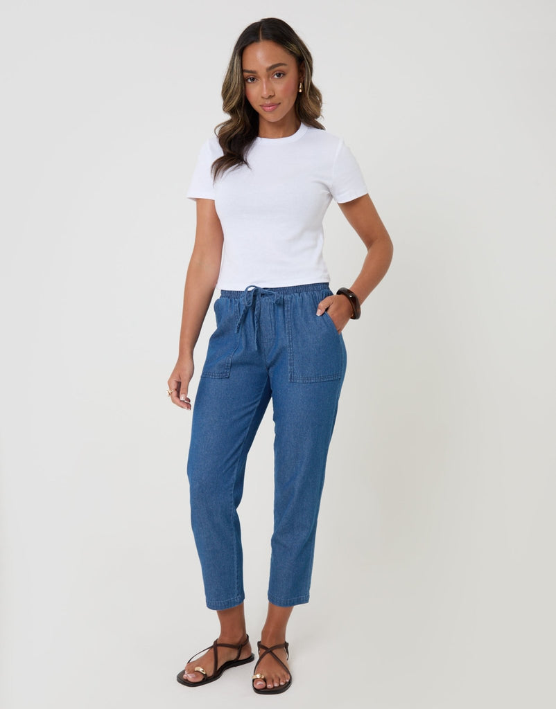 Drawstring Waist Tapered Jeans Mid Wash