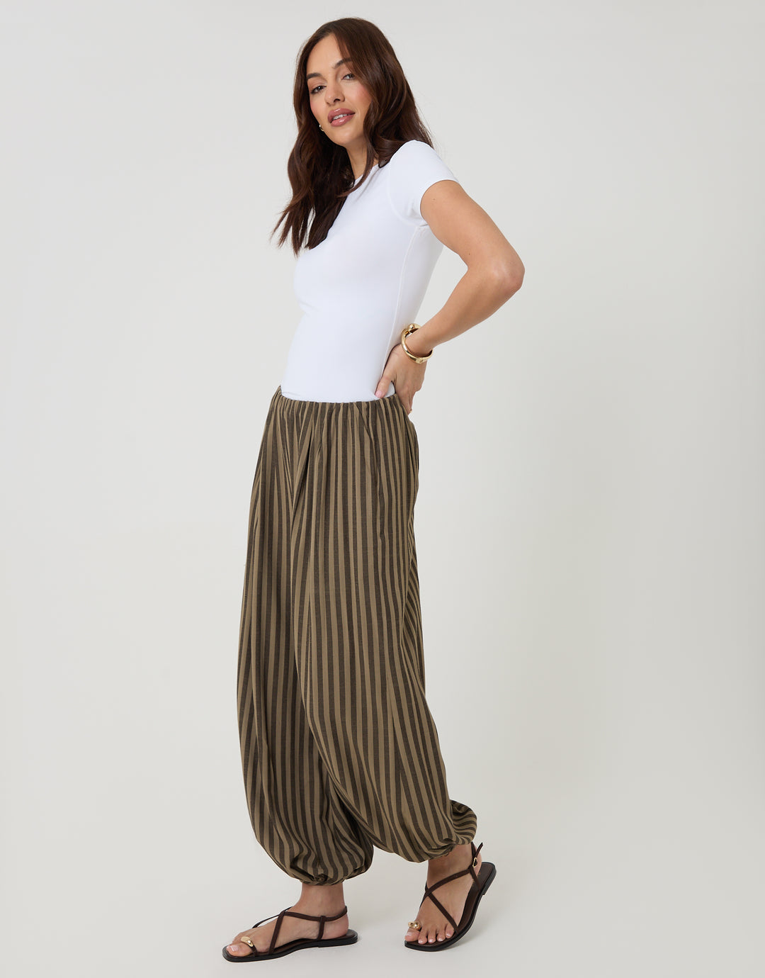Brown Stripe Balloon Trousers with Pockets