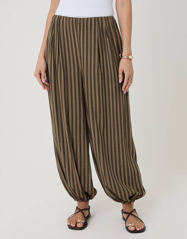 Brown Stripe Balloon Trousers with Pockets