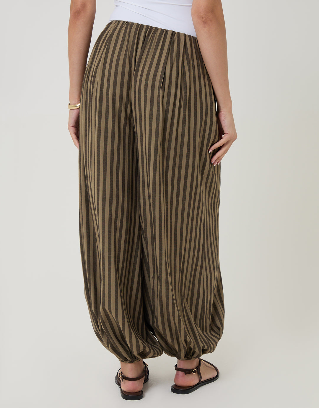 Brown Stripe Balloon Trousers with Pockets