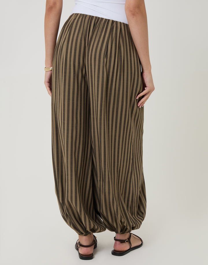 Brown Stripe Balloon Trousers with Pockets
